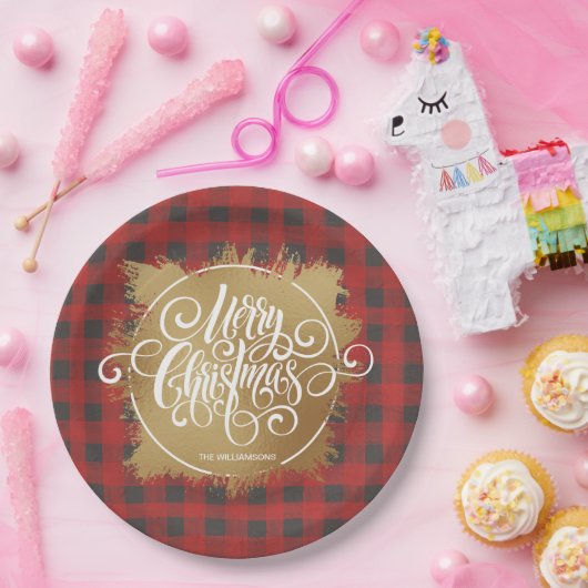 金ゴールドメリークリスマスバッファロープレイド ペーパープレート (パーティー)