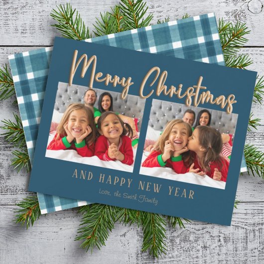 金ゴールドメリークリスマスバブルレター青い写真 シーズンカード