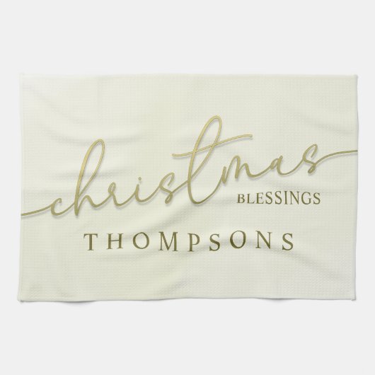 金ゴールドメリークリスマスパーソナライズされた脚本 キッチンタオル (横)