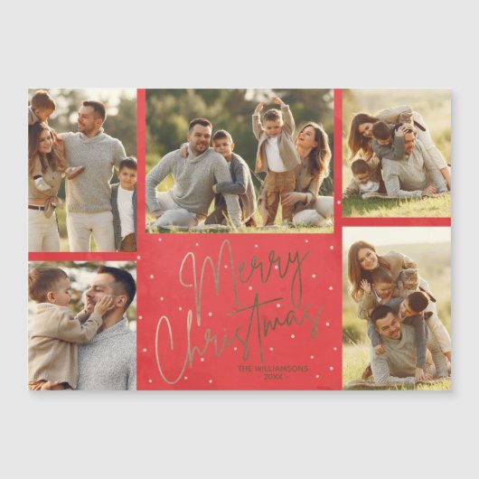 金ゴールドメリークリスマスファイブフォトレッドホリデーマグネット (正面)