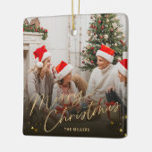 金ゴールドメリークリスマスファミリーフォトホリデーカード セラミックオーナメント (左)