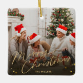 金ゴールドメリークリスマスファミリーフォトホリデーカード セラミックオーナメント (正面)