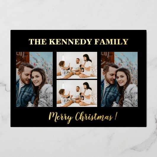 金ゴールドメリークリスマスファミリー名4フォトコラージュ   箔シーズンカード (正面)
