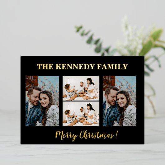 金ゴールドメリークリスマスファミリー名4フォトコラージュ   箔シーズンカード (立ち正面)
