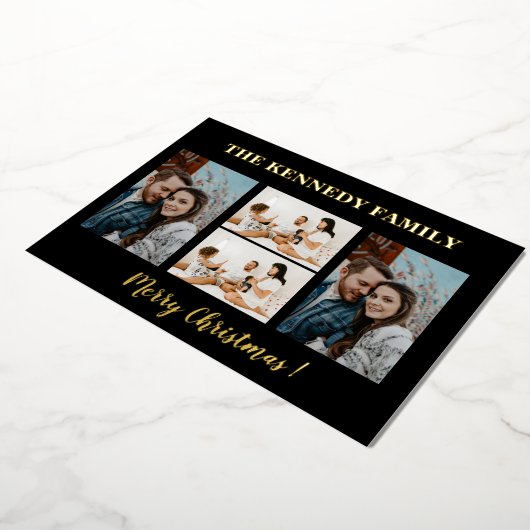 金ゴールドメリークリスマスファミリー名4フォトコラージュ   箔シーズンカード (回転した状態)