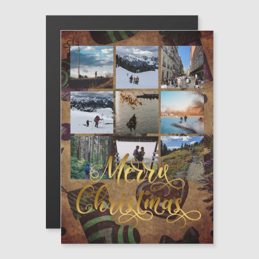 金ゴールドメリークリスマスフォトコラージギフトマグネット (正面/裏面)