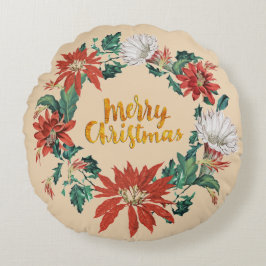 金ゴールドメリークリスマスフラワーリースオンベージュ ラウンドクッション