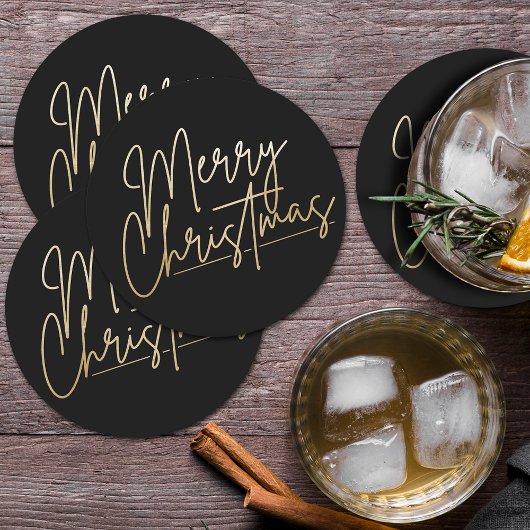 金ゴールドメリークリスマスブラック ラウンドペーパーコースター