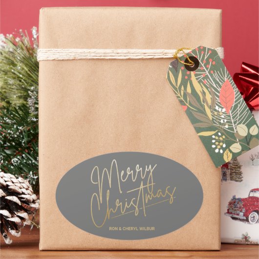 金ゴールドメリークリスマスラックスグレー 楕円形シール (クリスマス)