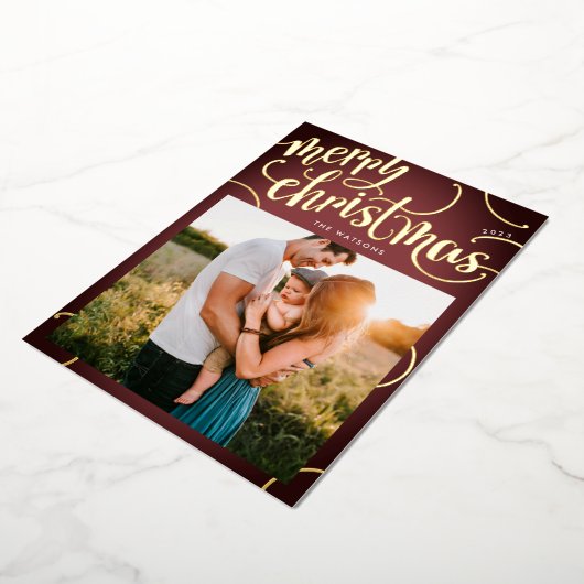 金ゴールドメリークリスマスレターフレームグラデーション写真 箔シーズンカード (回転した状態)