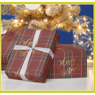 金ゴールドメリークリスマスレッドグリーンプレイド ラッピングペーパー