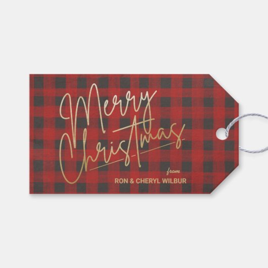 金ゴールドメリークリスマスレッドバッファロープレイド ギフトタグ (正面(横))