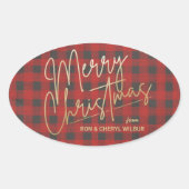 金ゴールドメリークリスマスレッドバッファロープレイド 楕円形シール (正面)