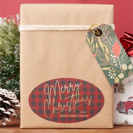 金ゴールドメリークリスマスレッドバッファロープレイド 楕円形シール (クリスマス)