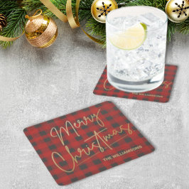 金ゴールドメリークリスマスレッドバッファロー スクエアペーパーコースター