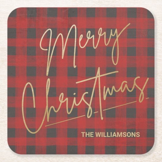 金ゴールドメリークリスマスレッドバッファロー スクエアペーパーコースター (正面)