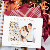 金ゴールドメリークリスマスレッドプレイド写真 シーズンカード