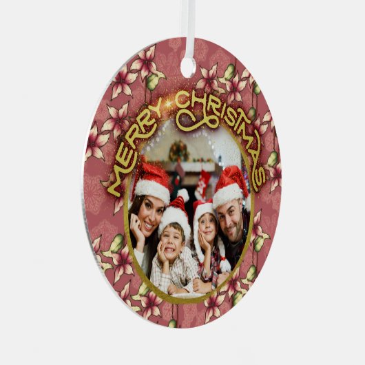 金ゴールドメリークリスマスレッドポインセチアと雪片 メタルオーナメント (正面右)