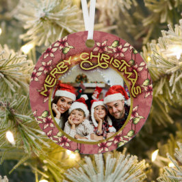 金ゴールドメリークリスマスレッドポインセチアと雪片 メタルオーナメント