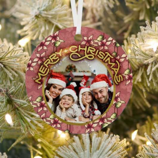 金ゴールドメリークリスマスレッドポインセチアと雪片 メタルオーナメント (インサイチュ)