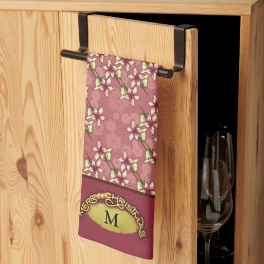 金ゴールドメリークリスマスレッドポインセチアモノグラムの キッチンタオル (三つ折り)