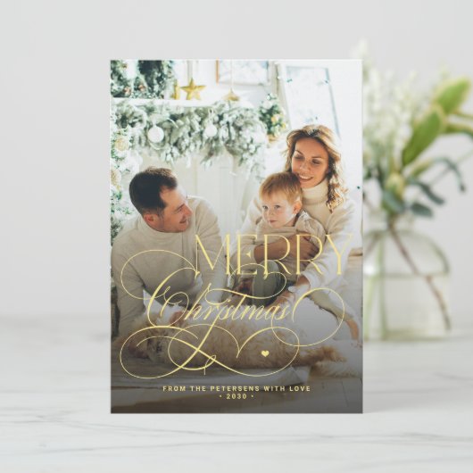 金ゴールドメリークリスマス家族の写真のプエレガントライド シーズンカード (スタンド正面)