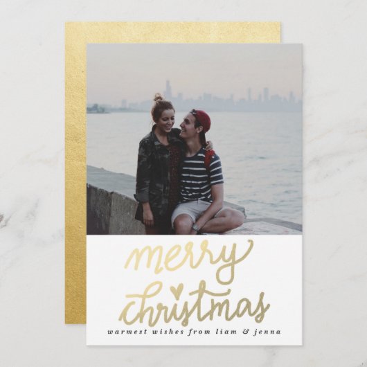 金ゴールドメリークリスマス手書きスクリプトフォト シーズンカード (正面/裏面)