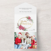 金ゴールドメリークリスマス文字/ポインセチアとパイン オールインワン招待状 (内側)