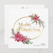 金ゴールドメリークリスマス文字/ポインセチアとパイン シーズンカード (正面/裏面)