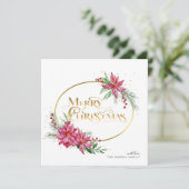 金ゴールドメリークリスマス文字/ポインセチアとパイン シーズンカード (スタンド正面)