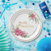 金ゴールドメリークリスマス文字/ポインセチアとパイン ペーパープレート (パーティー)