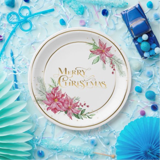 金ゴールドメリークリスマス文字/ポインセチアとパイン ペーパープレート (パーティー)