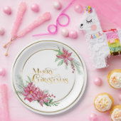 金ゴールドメリークリスマス文字/ポインセチアとパイン ペーパープレート (パーティー)