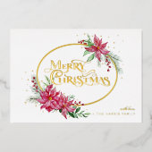 金ゴールドメリークリスマス文字/ポインセチアとパイン 箔シーズンカード (正面)