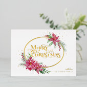 金ゴールドメリークリスマス文字/ポインセチアとパイン 箔シーズンカード (立ち正面)