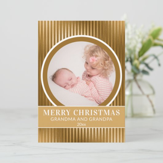金ゴールドメリークリスマス祖父母の孫写真 シーズンカード (スタンド正面)