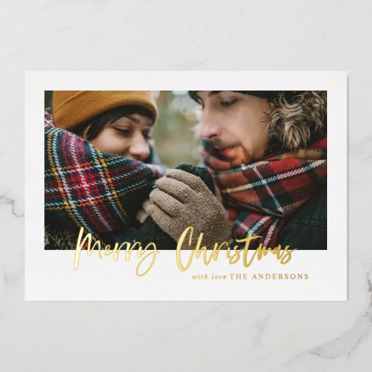 金ゴールドメリークリスマス赤と緑の格子模様の写真 箔シーズンカード (正面)