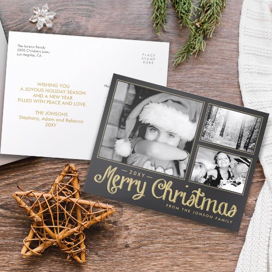 金ゴールドメリークリスマス3写真はがきモダン シーズンポストカード