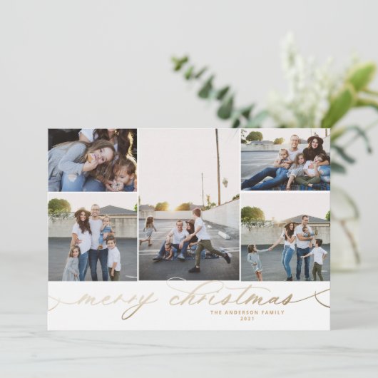 金ゴールドメリークリスマス5枚フォト写真カード 招待状 (スタンド正面)