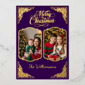 金ゴールドメリークリスマス、2つの絵、紫、金ゴールド 箔シーズンカード (正面)