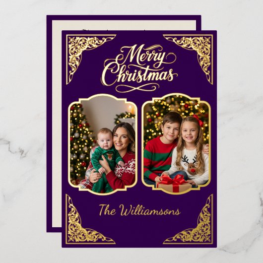 金ゴールドメリークリスマス、2つの絵、紫、金ゴールド 箔シーズンカード (正面/裏面)