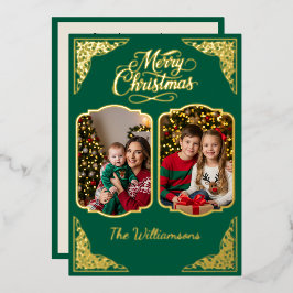 金ゴールドメリークリスマス、2つの絵、緑、金ゴールド 箔シーズンカード