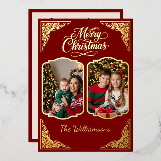 金ゴールドメリークリスマス、2つの絵、赤、金ゴールド 箔シーズンカード (正面/裏面)