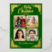 金ゴールドメリークリスマス、4つの写真、紫、名前 箔シーズンカード (正面)