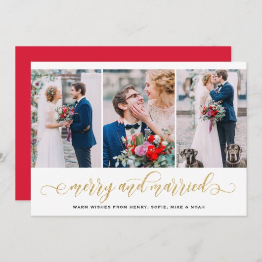 金ゴールドメリーグリッター&結婚したフォトコラージホリデー シーズンカード (正面/裏面)