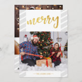 金ゴールドメリーコラージュ灰色のストライプクリスマス シーズンカード (正面/裏面)