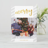 金ゴールドメリーコラージュ灰色のストライプクリスマス シーズンカード (スタンド正面)