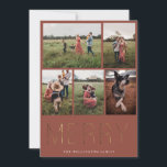 金ゴールドメリーモダンコラージュホリデーカードレッド シーズンカード<br><div class="desc">金エレガントモダン額の"メリー"、休日の写真コラージカード。カードには5枚の写真が前面に並び、カードの後ろカスタムに複数のメッセージ、名前、年が表示される。背景の色は、素朴な赤で表示されカスタマイズる。</div>