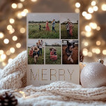 金ゴールドメリーモダンフォトコラージホリデーカードサンド シーズンカード<br><div class="desc">金エレガントモダン額の"メリー"、休日の写真コラージカード。カードには5枚の写真が前面に並び、カードの後ろカスタムに複数のメッセージ、名前、年が表示される。背景の色は、ピンクの砂で表示されカスタマイズる。</div>