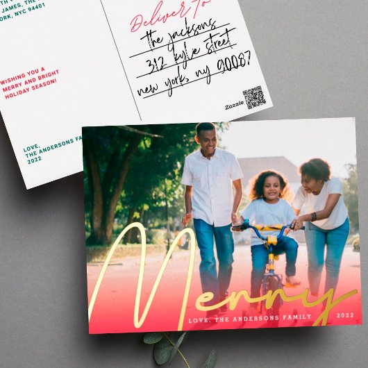 金ゴールドメリー手書赤グラデーション写真 箔シーズンポストカード